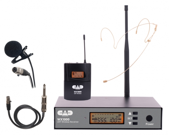 UHF Wireless Body Pack Microphone System with Headworn Mic, Lavalier Mic, and Guitar Cable